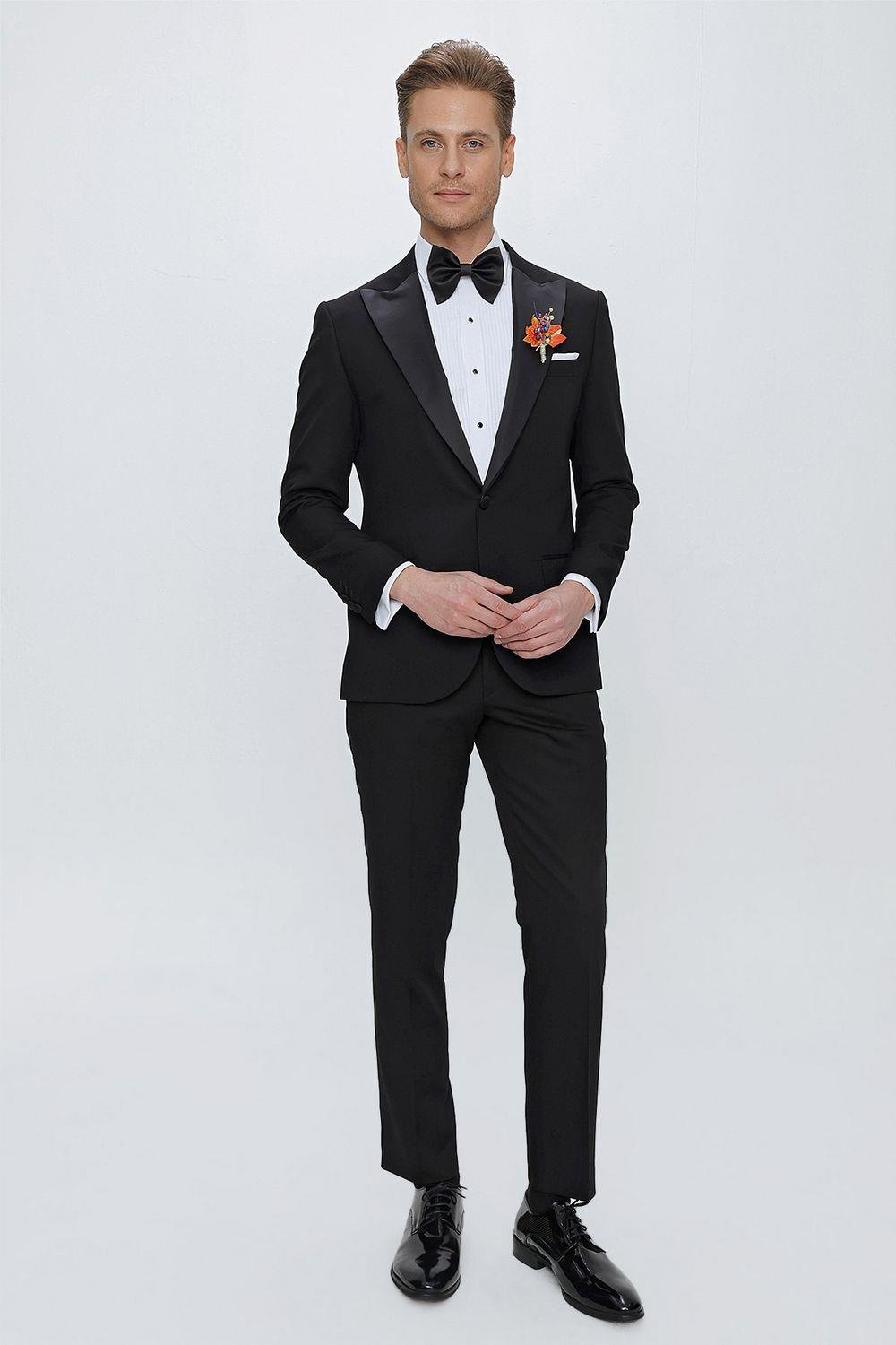 Black 065 Slim Fit Çıkma Saten Yaka Siyah Damatlık Smokin Takım