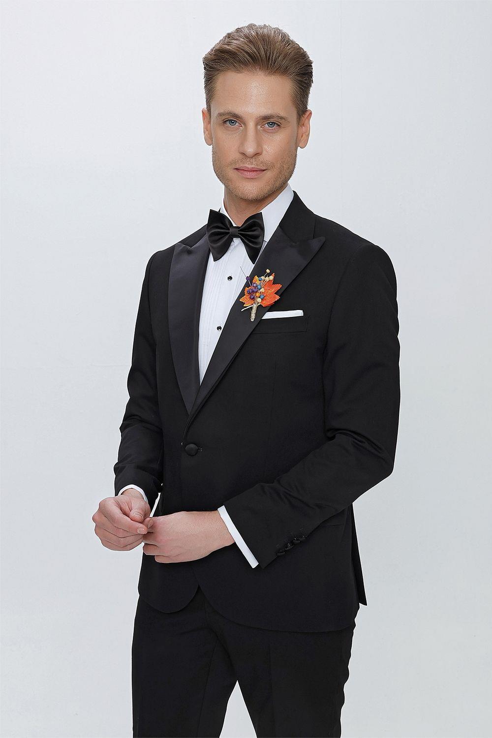 Black 065 Slim Fit Çıkma Saten Yaka Siyah Damatlık Smokin Takım