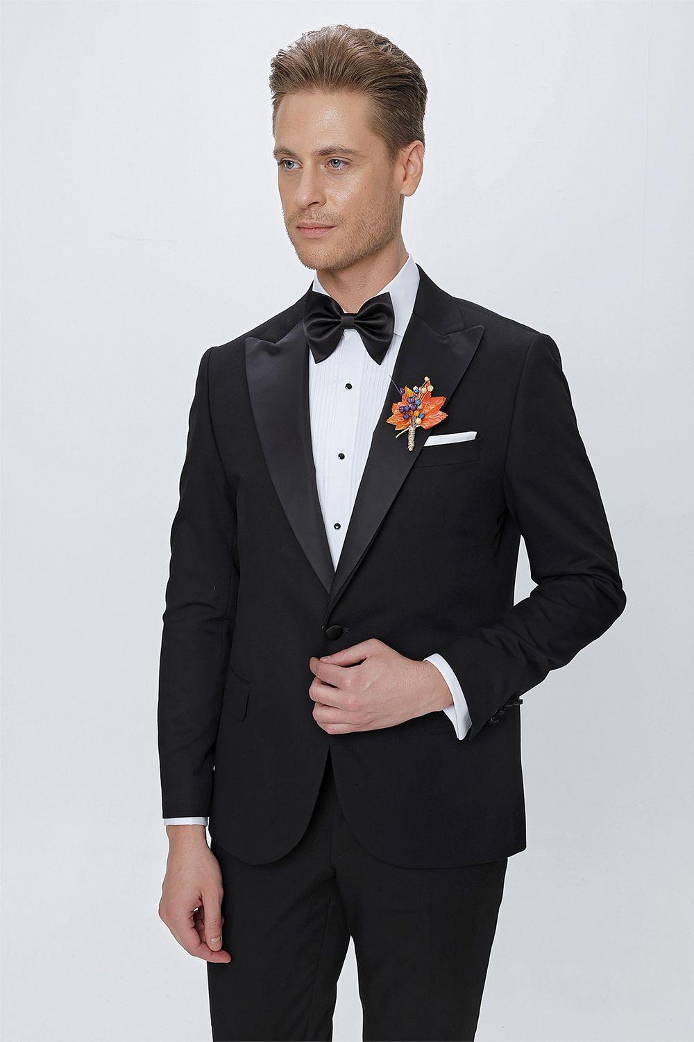 Black 065 Slim Fit Çıkma Saten Yaka Siyah Damatlık Smokin Takım