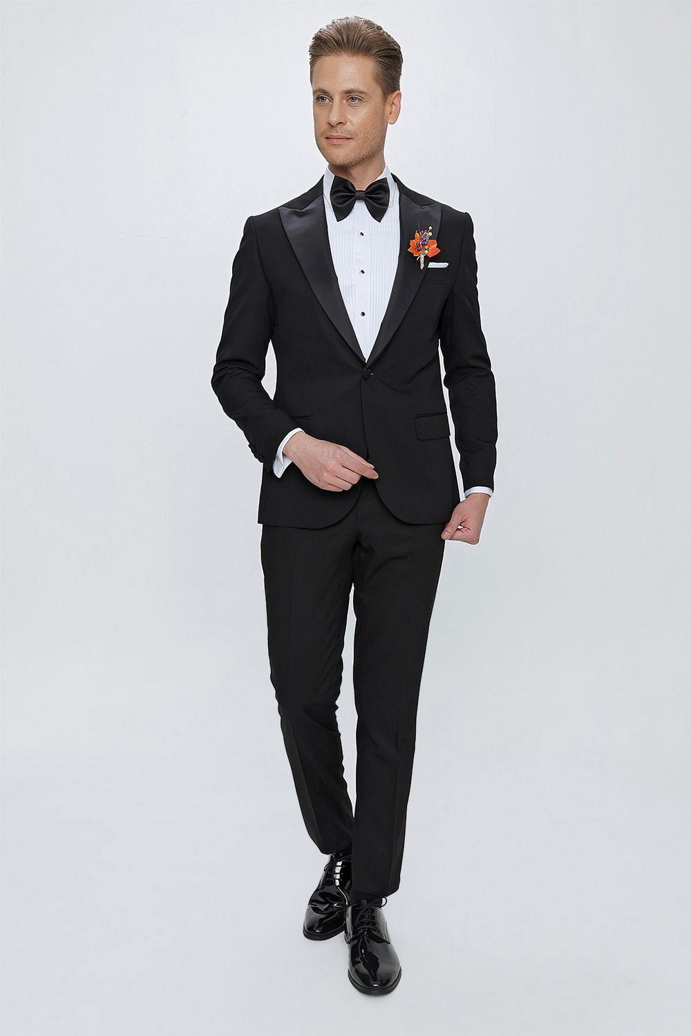 Black 065 Slim Fit Çıkma Saten Yaka Siyah Damatlık Smokin Takım
