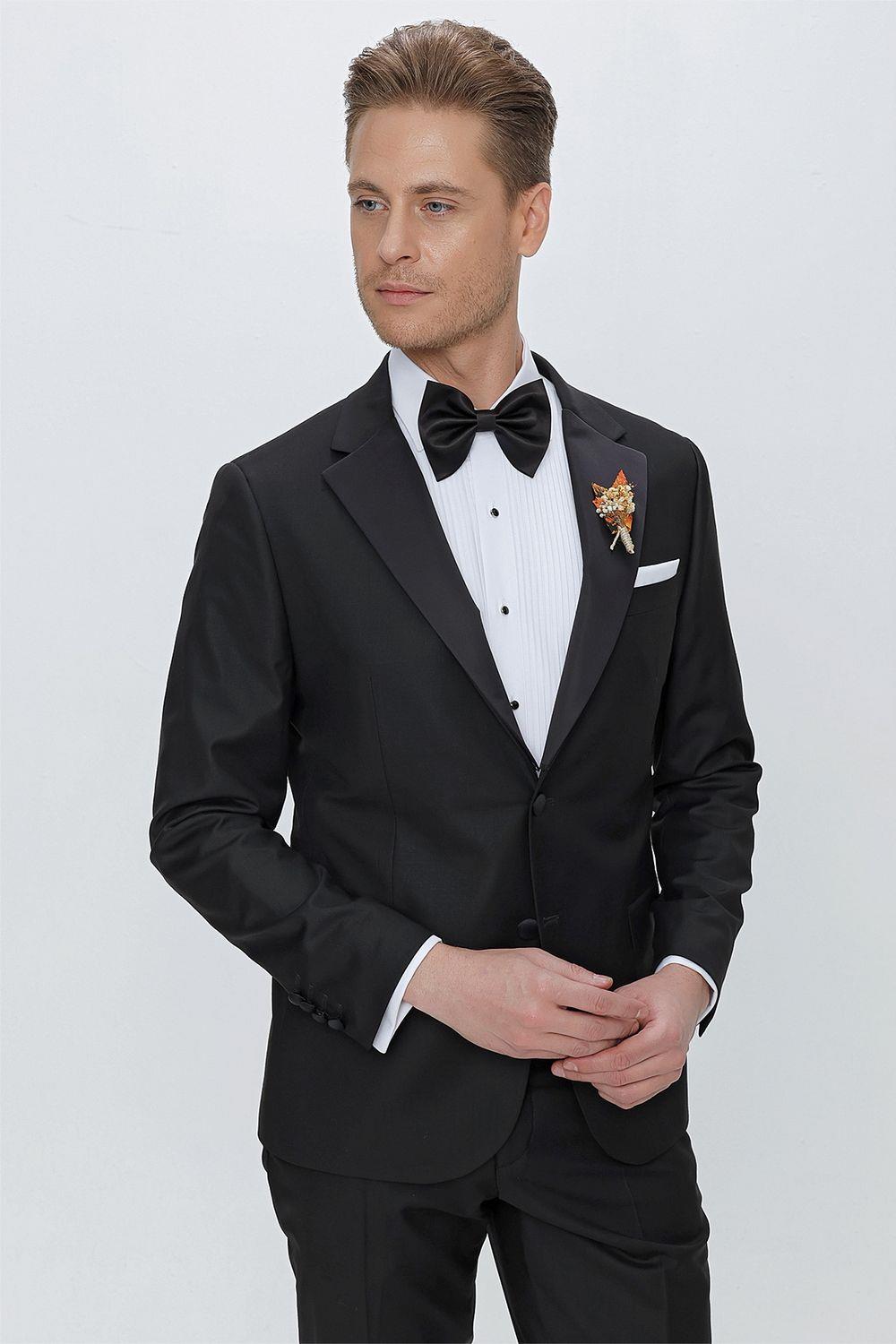 Black 066 Slim Fit Çıkma Saten Yaka Siyah Damatlık Smokin Takım