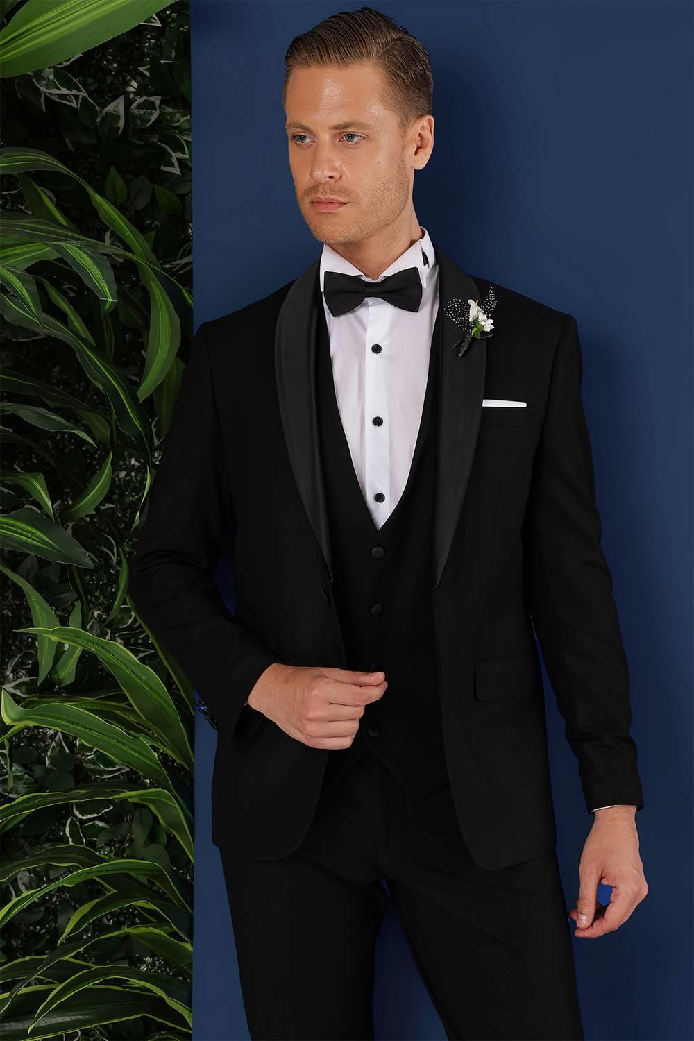 Black 069 Slim Fit Yelekli Çıkma Saten Yaka Çift Yırtmaçlı Siyah Damatlık Smokin Takım