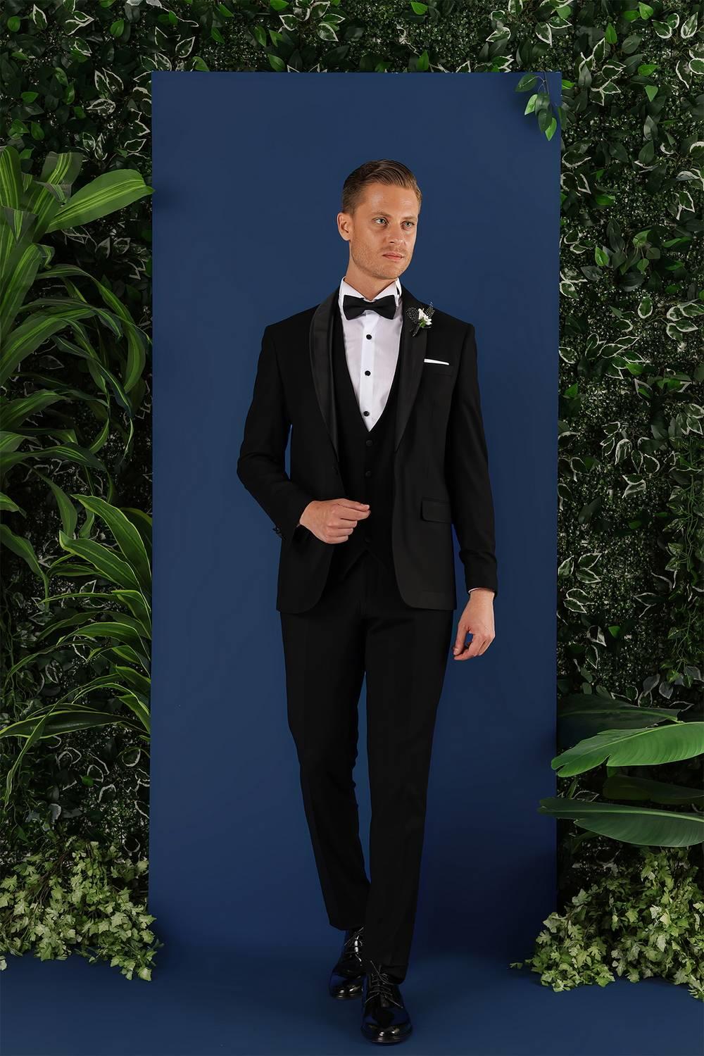 Black 069 Slim Fit Yelekli Çıkma Saten Yaka Çift Yırtmaçlı Siyah Damatlık Smokin Takım