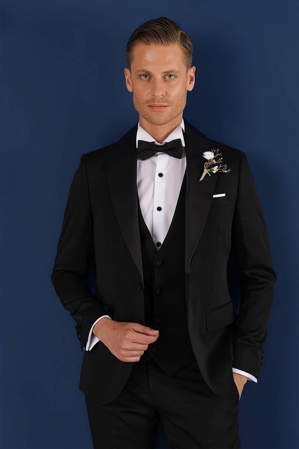 Black 070 Slim Fit Yelekli Çıkma Saten Yaka Siyah Damatlık Smokin Takım