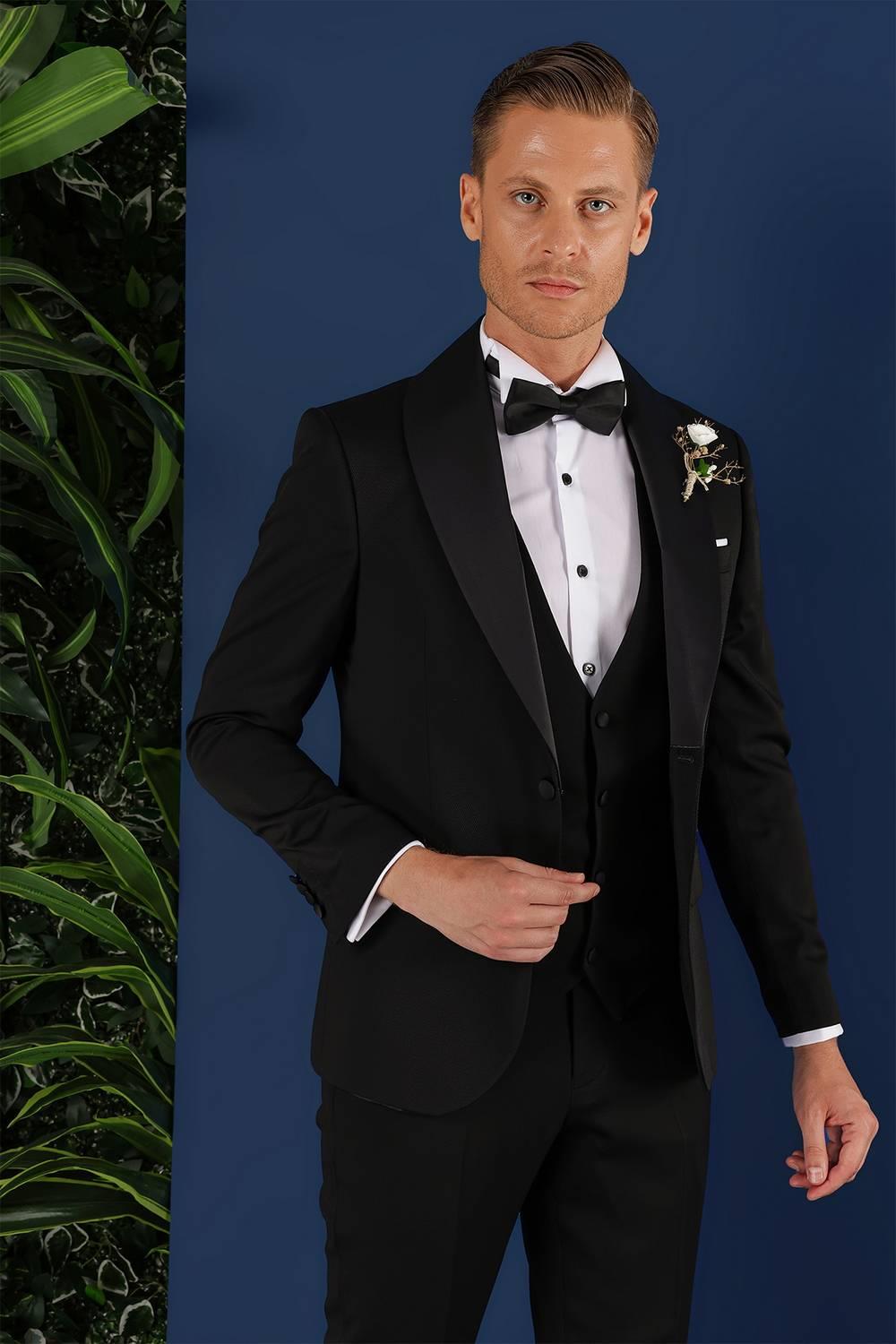 Black 070 Slim Fit Yelekli Çıkma Saten Yaka Siyah Damatlık Smokin Takım