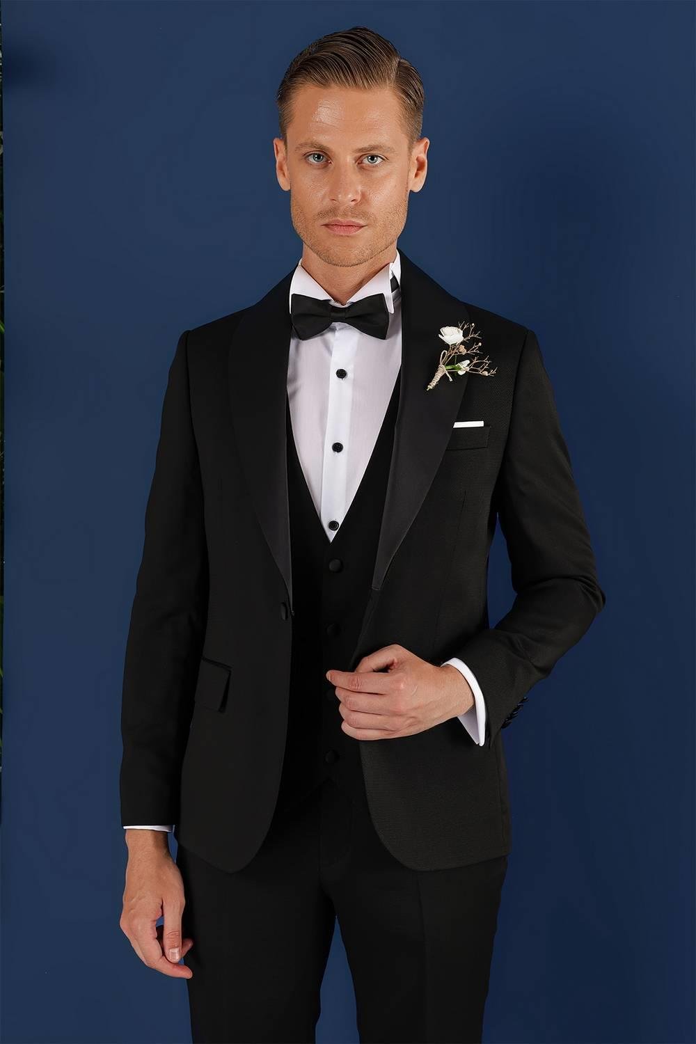 Black 070 Slim Fit Yelekli Çıkma Saten Yaka Siyah Damatlık Smokin Takım