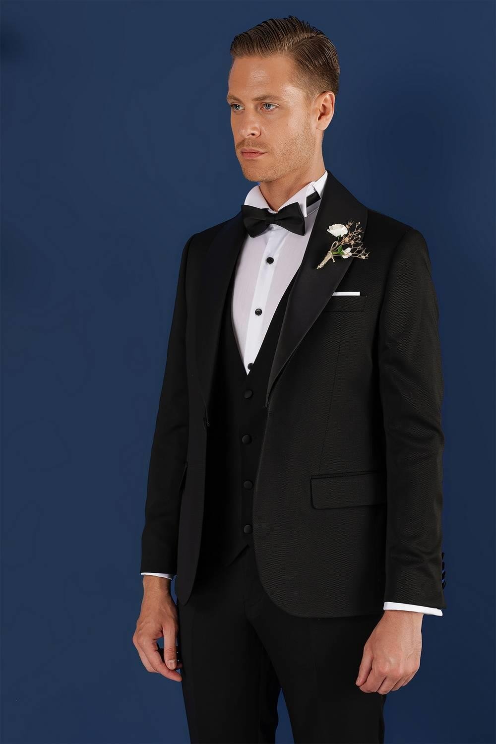 Black 070 Slim Fit Yelekli Çıkma Saten Yaka Siyah Damatlık Smokin Takım