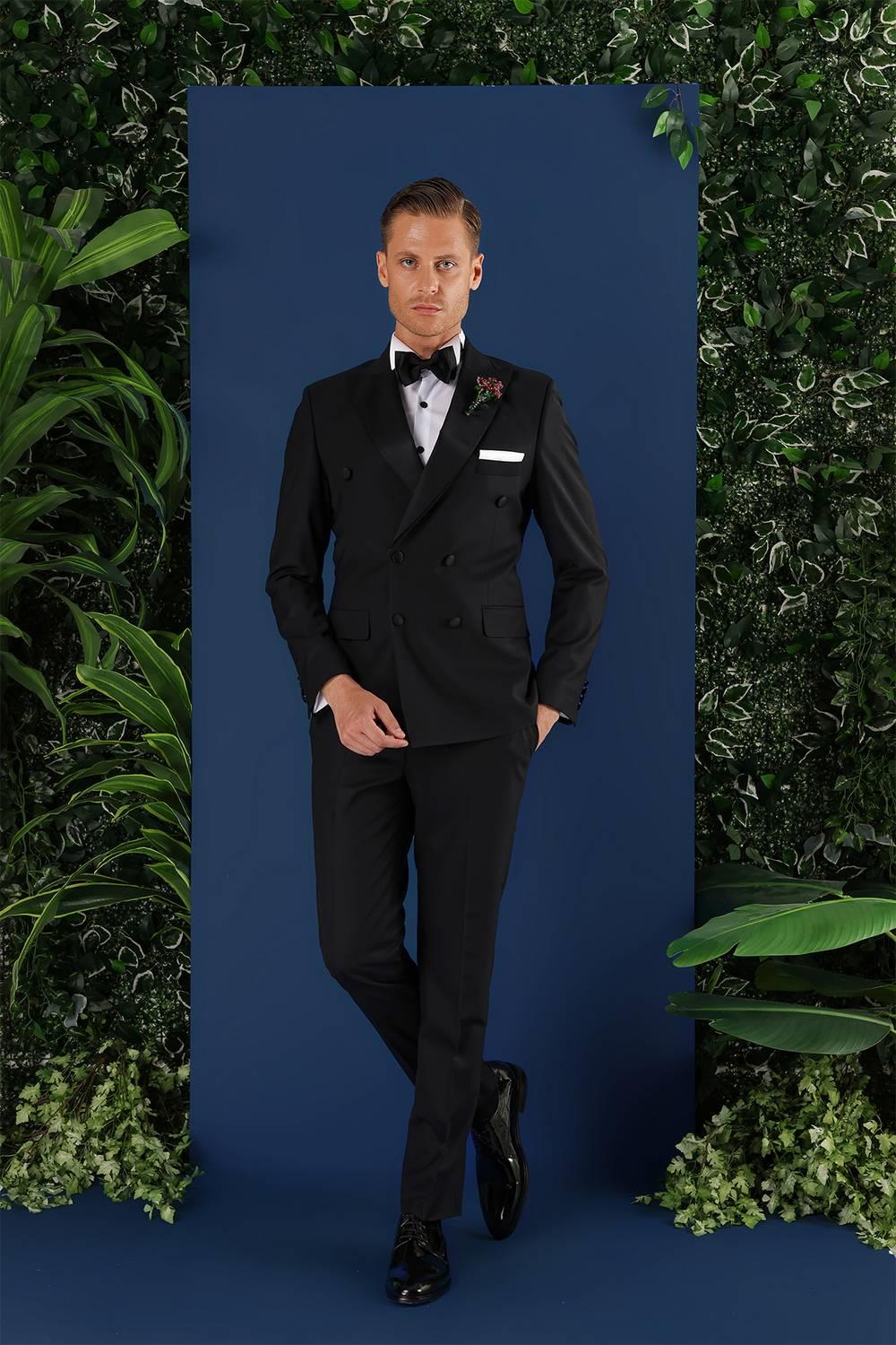 Black 071Slim Fit Çıkma Saten Yaka Kruvaze Siyah Damatlık Smokin Takım