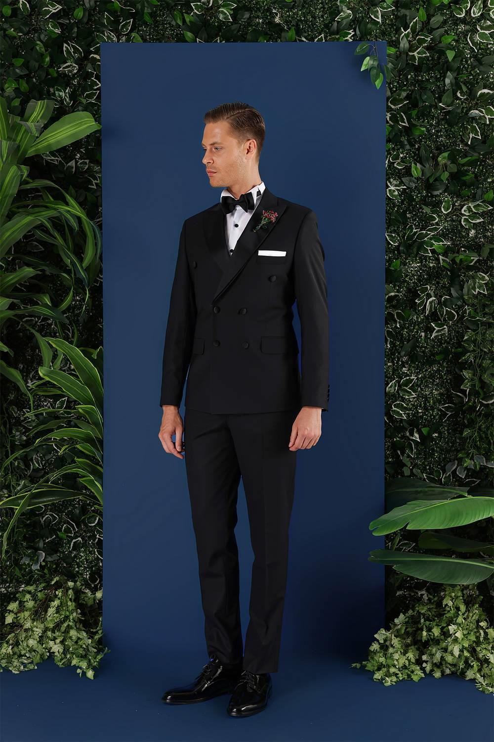 Black 071Slim Fit Çıkma Saten Yaka Kruvaze Siyah Damatlık Smokin Takım