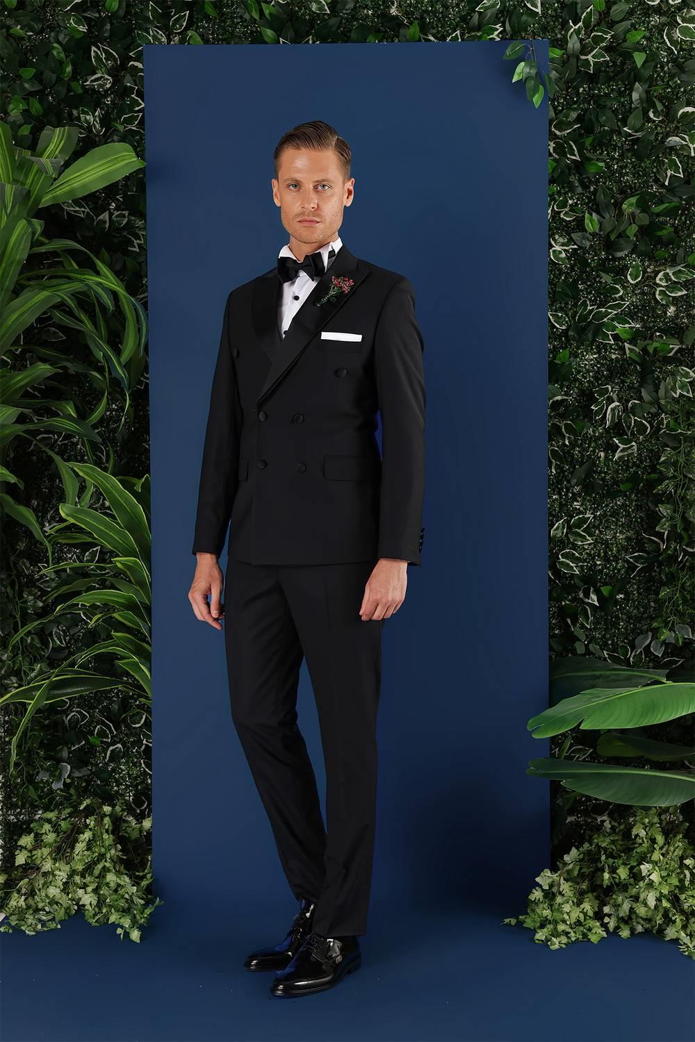 Black 071Slim Fit Çıkma Saten Yaka Kruvaze Siyah Damatlık Smokin Takım