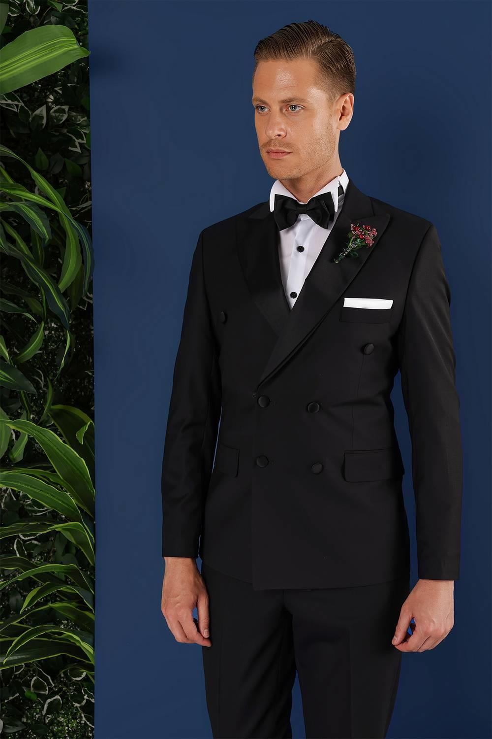 Black 071Slim Fit Çıkma Saten Yaka Kruvaze Siyah Damatlık Smokin Takım