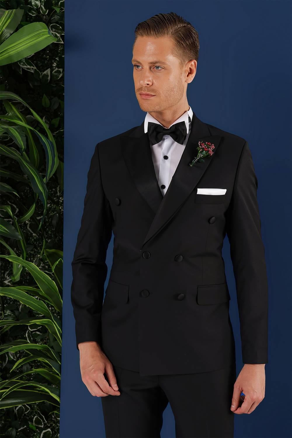Black 071Slim Fit Çıkma Saten Yaka Kruvaze Siyah Damatlık Smokin Takım