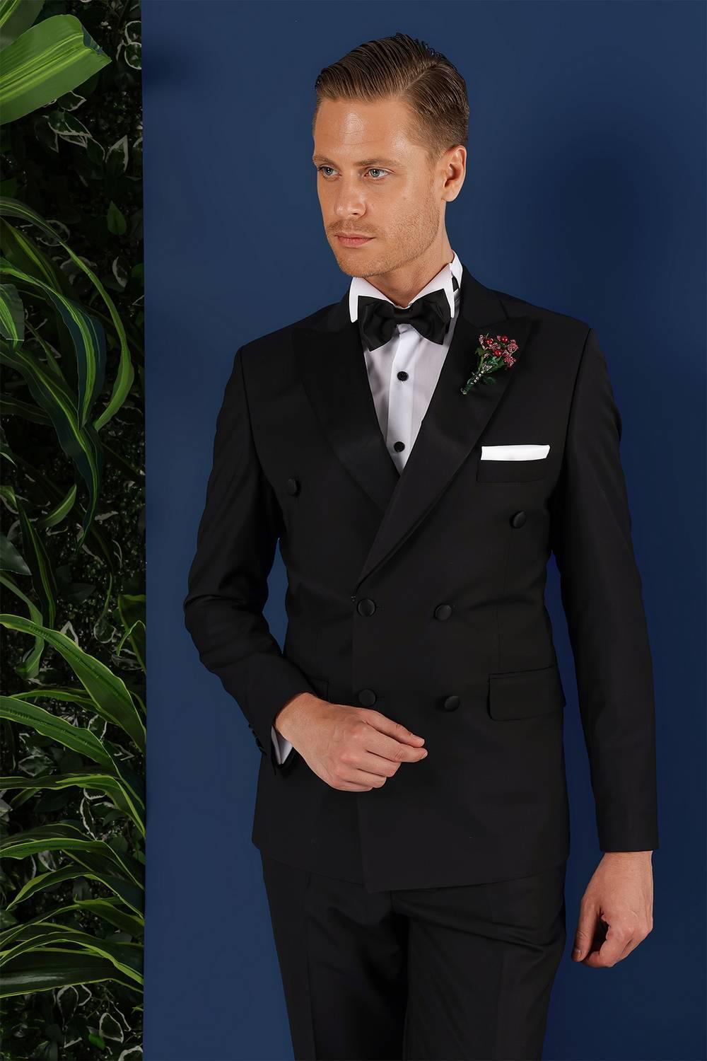 Black 071Slim Fit Çıkma Saten Yaka Kruvaze Siyah Damatlık Smokin Takım