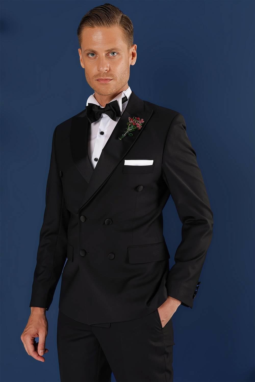 Black 071Slim Fit Çıkma Saten Yaka Kruvaze Siyah Damatlık Smokin Takım