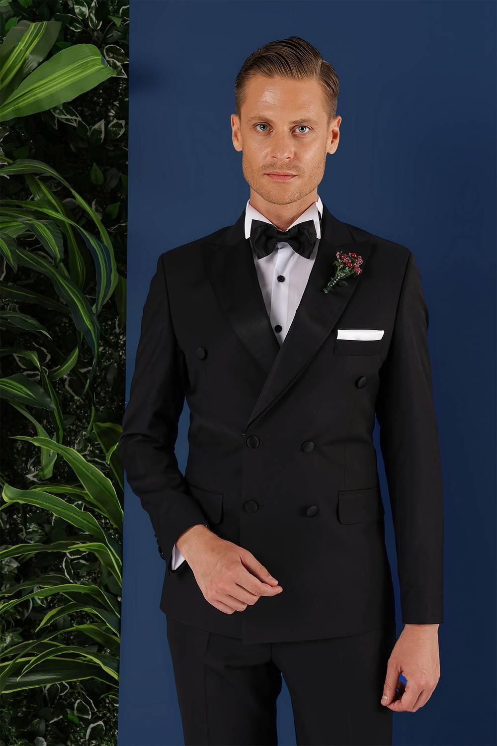 Black 071Slim Fit Çıkma Saten Yaka Kruvaze Siyah Damatlık Smokin Takım