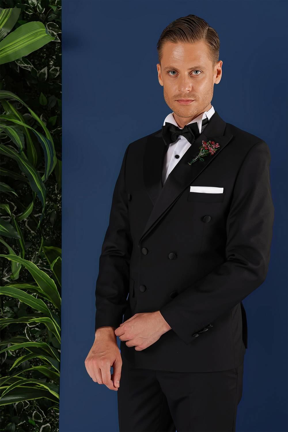 Black 071Slim Fit Çıkma Saten Yaka Kruvaze Siyah Damatlık Smokin Takım