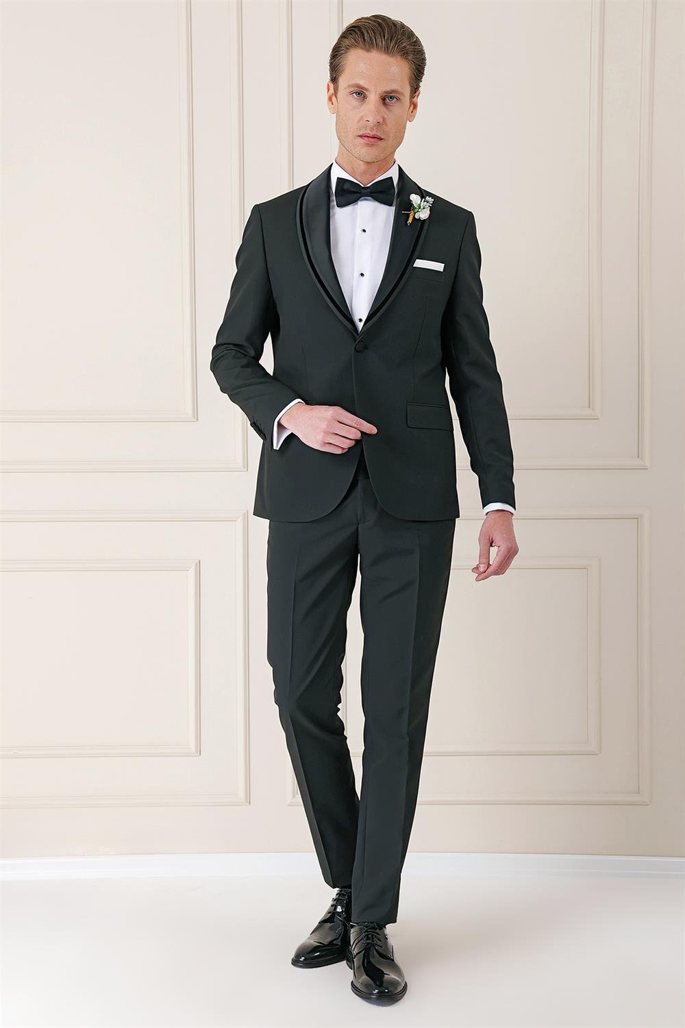 Black 075 Slim Fit Çıkma Saten Yaka Siyah Damatlık Smokin Takım