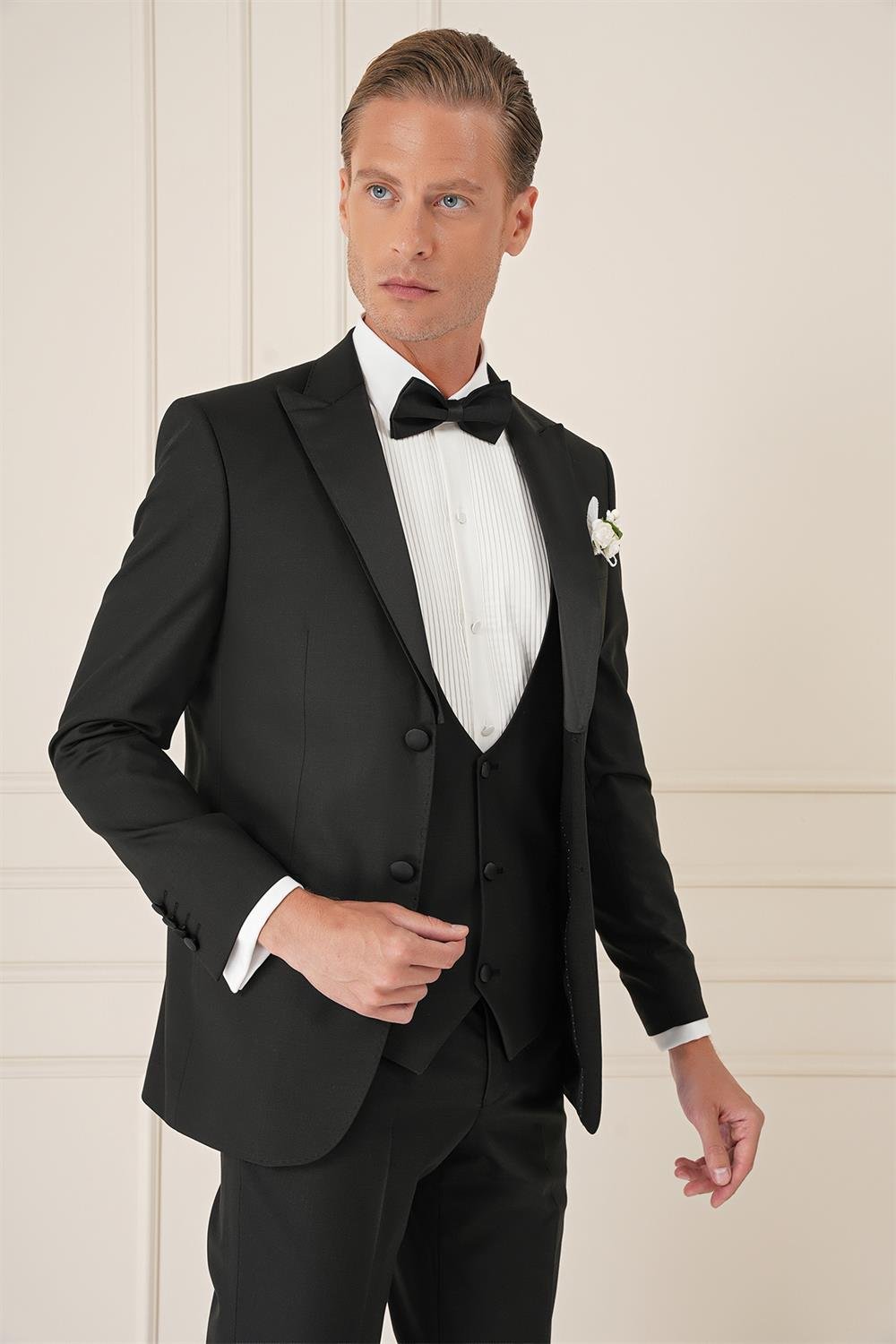 Black 077 Slim Fit Çıkma Saten Yaka Yelekli Siyah Damatlık Smokin Takım