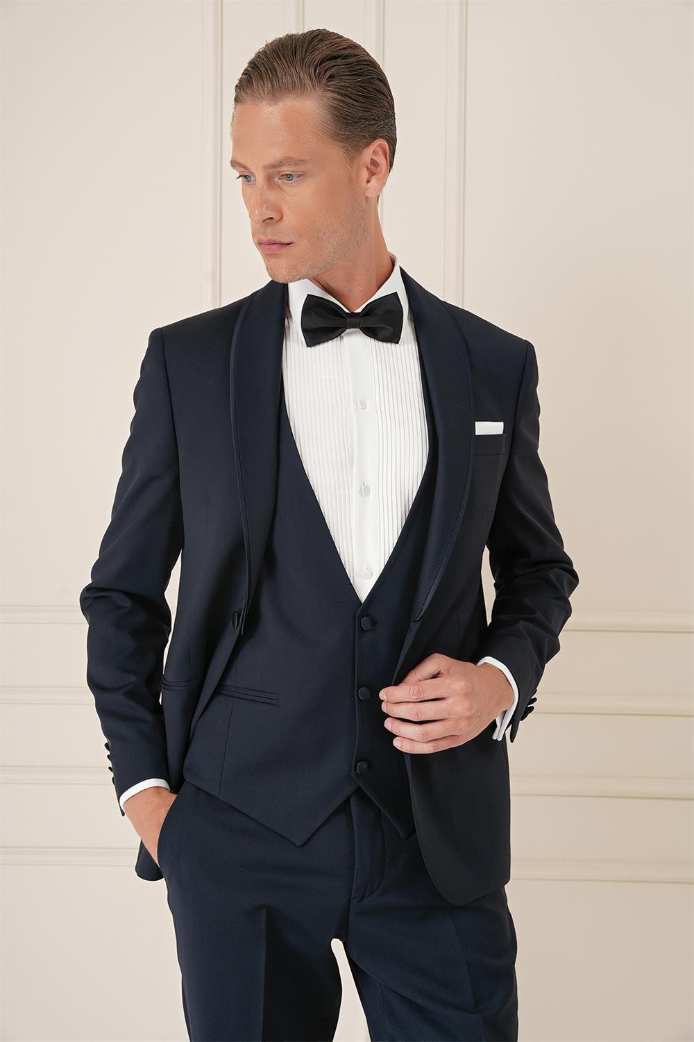 Black 078 Slim Fit Çıkma Saten Yaka Cerutti Kumaş Yelekli Lacivert Damatlık Smokin Takım