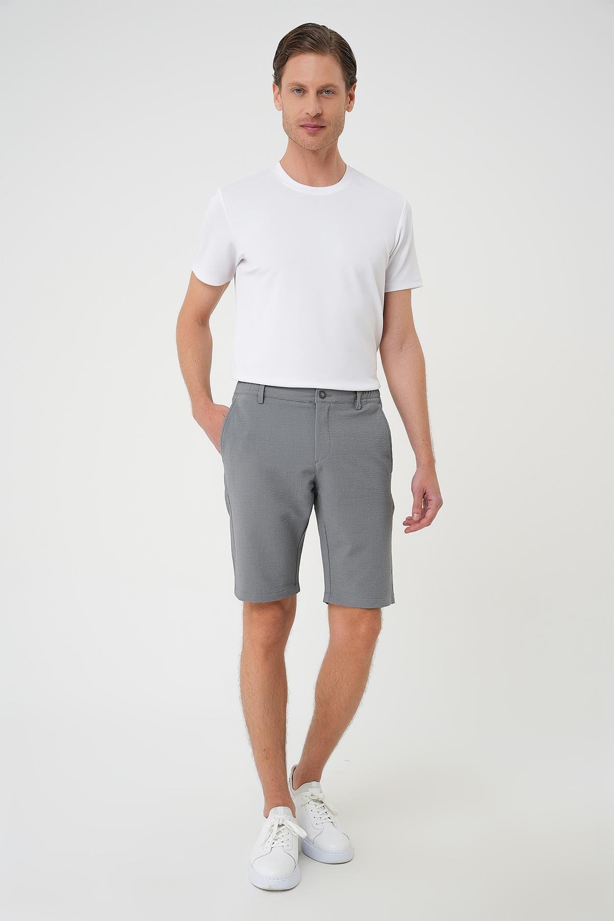 Bermuda 034 Slim Fit Beli Lastikli Gofre Pamuklu Casuel Gri Şort
