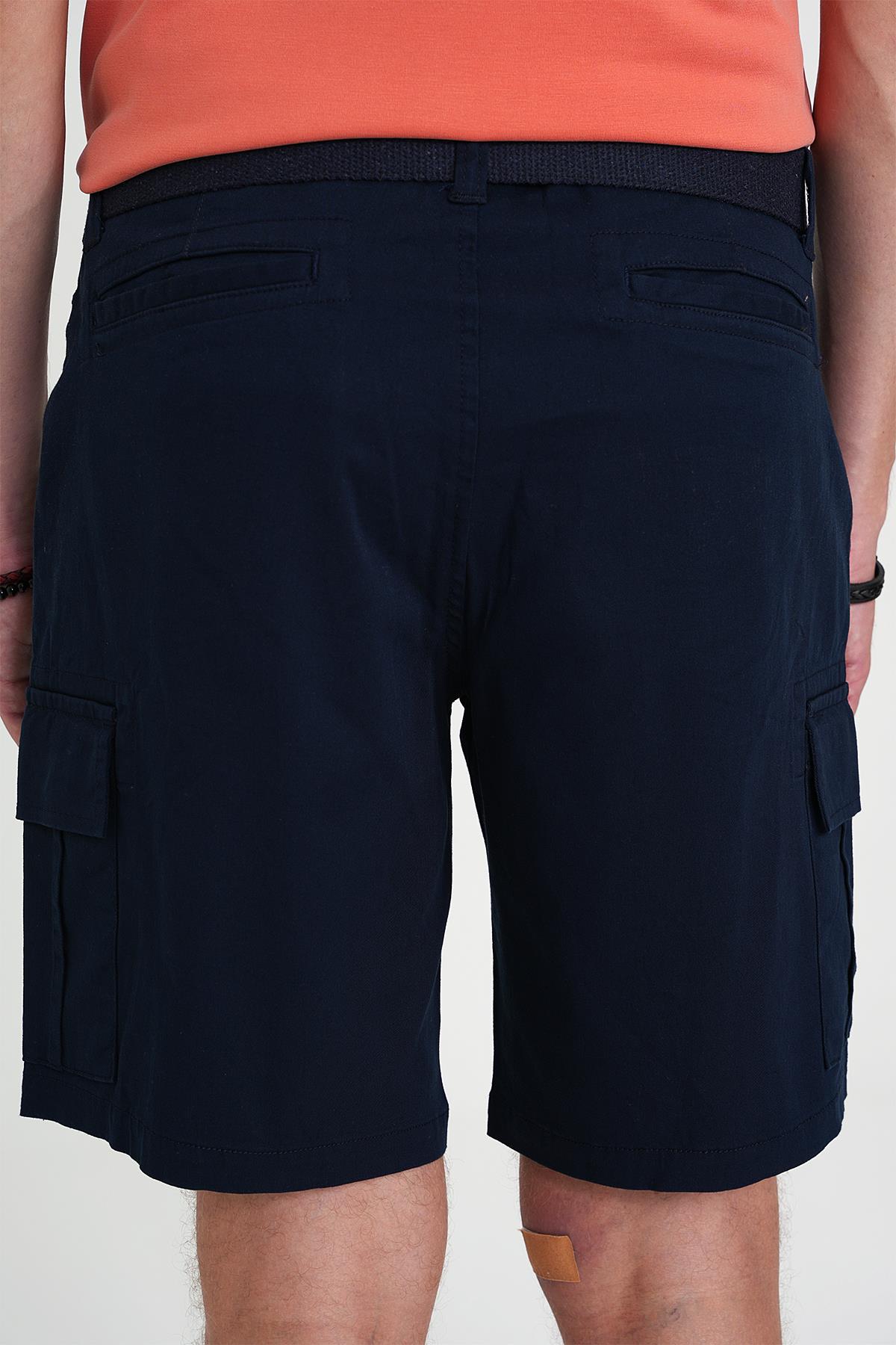 Comfort Fit Beli Kemerli Kargo Cep Pamuk Casuel Lacivert Şort Bermuda 039 _4