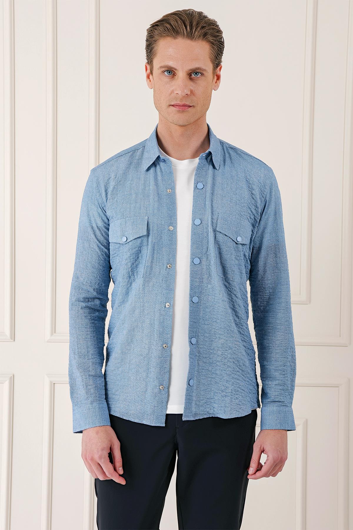 G 1569 Slim Fit Mavi Klasik Gömlek