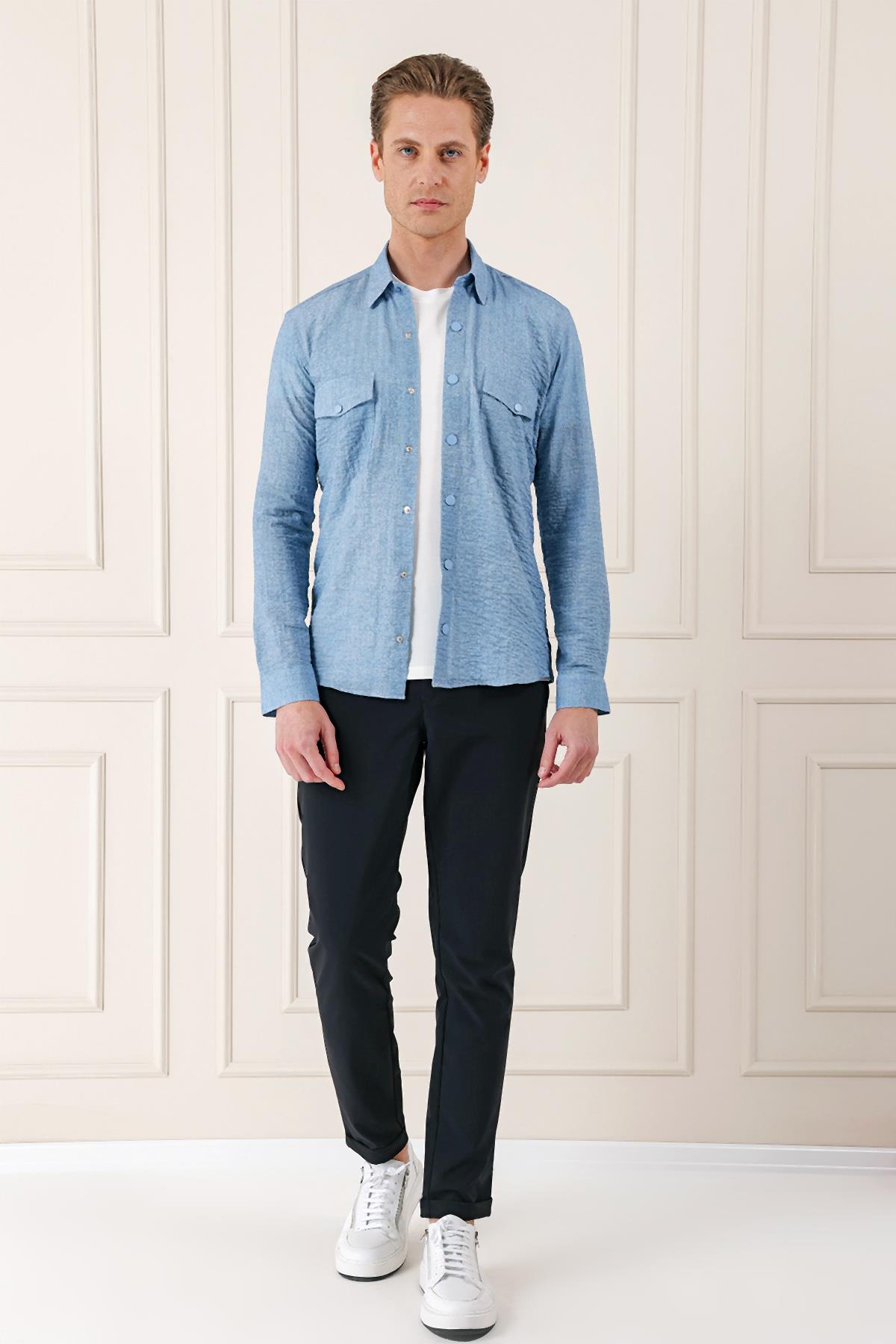 G 1569 Slim Fit Mavi Klasik Gömlek_1