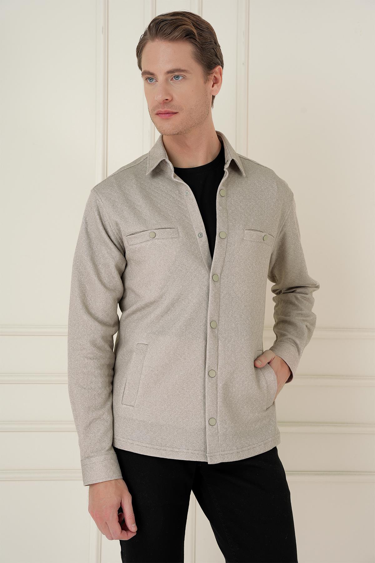G 1581 Slim Fit Bej Klasik Gömlek_3