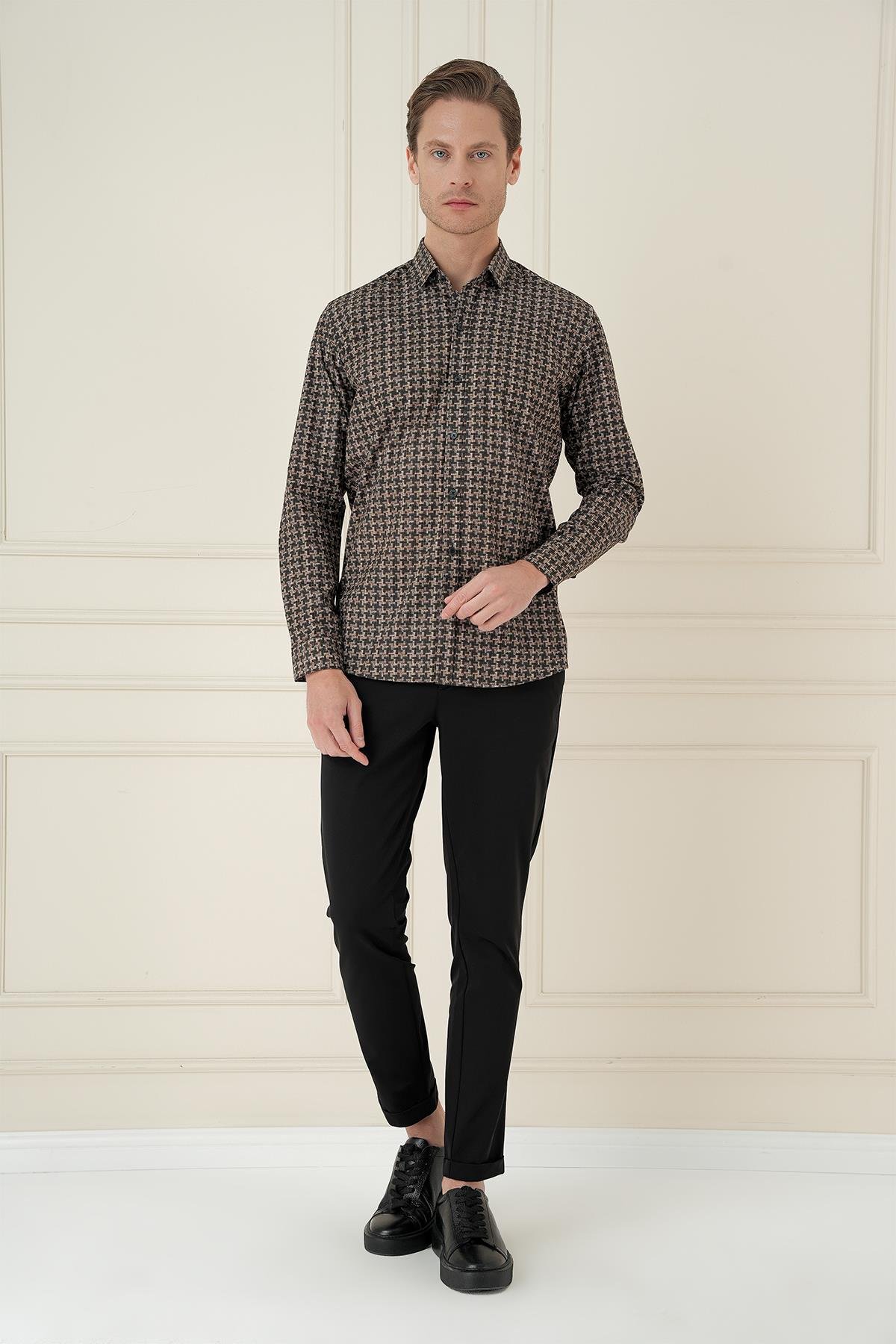 Kahve Slim Fit Kazayağı Desenli %100 Pamuk Casuel Gömlek -G 1585