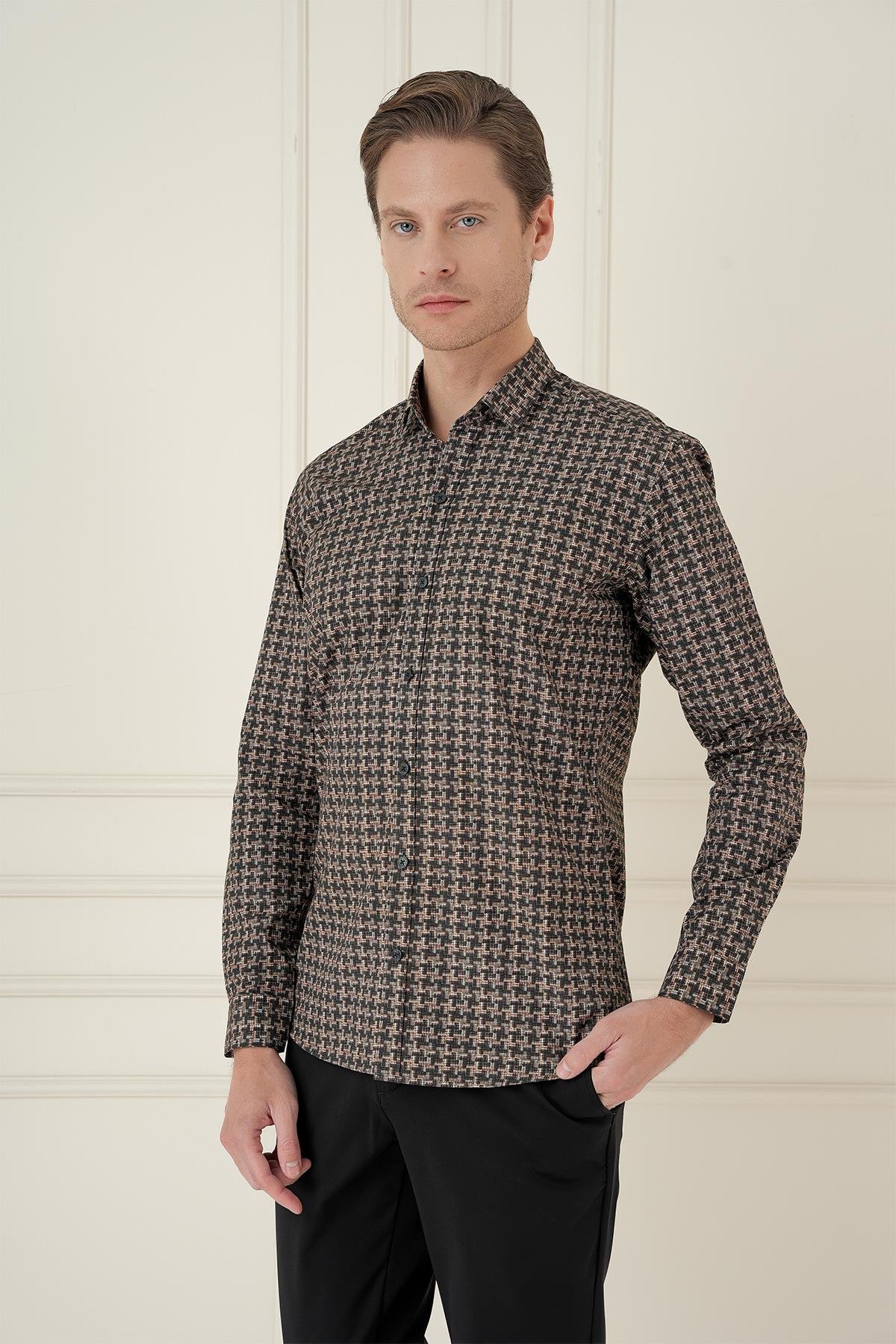Kahve Slim Fit Kazayağı Desenli %100 Pamuk Casuel Gömlek -G 1585_1