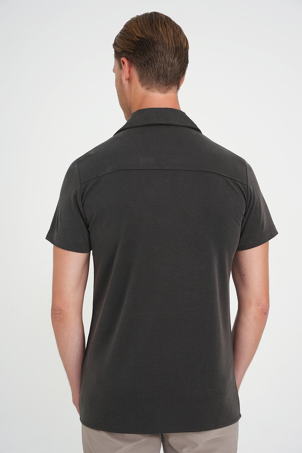 Slim Fit Apaş Yaka Modal Karışımlı Kısa Kol Kahverengi Gömlek G 1590_4
