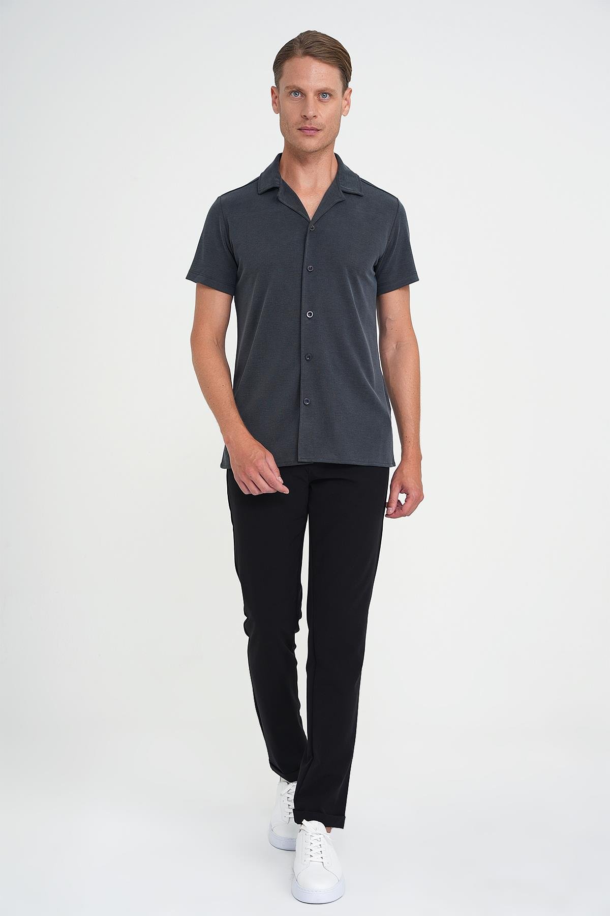 Slim Fit Apaş Yaka Modal Karışımlı Kısa Kol İndigo Gömlek G 1590