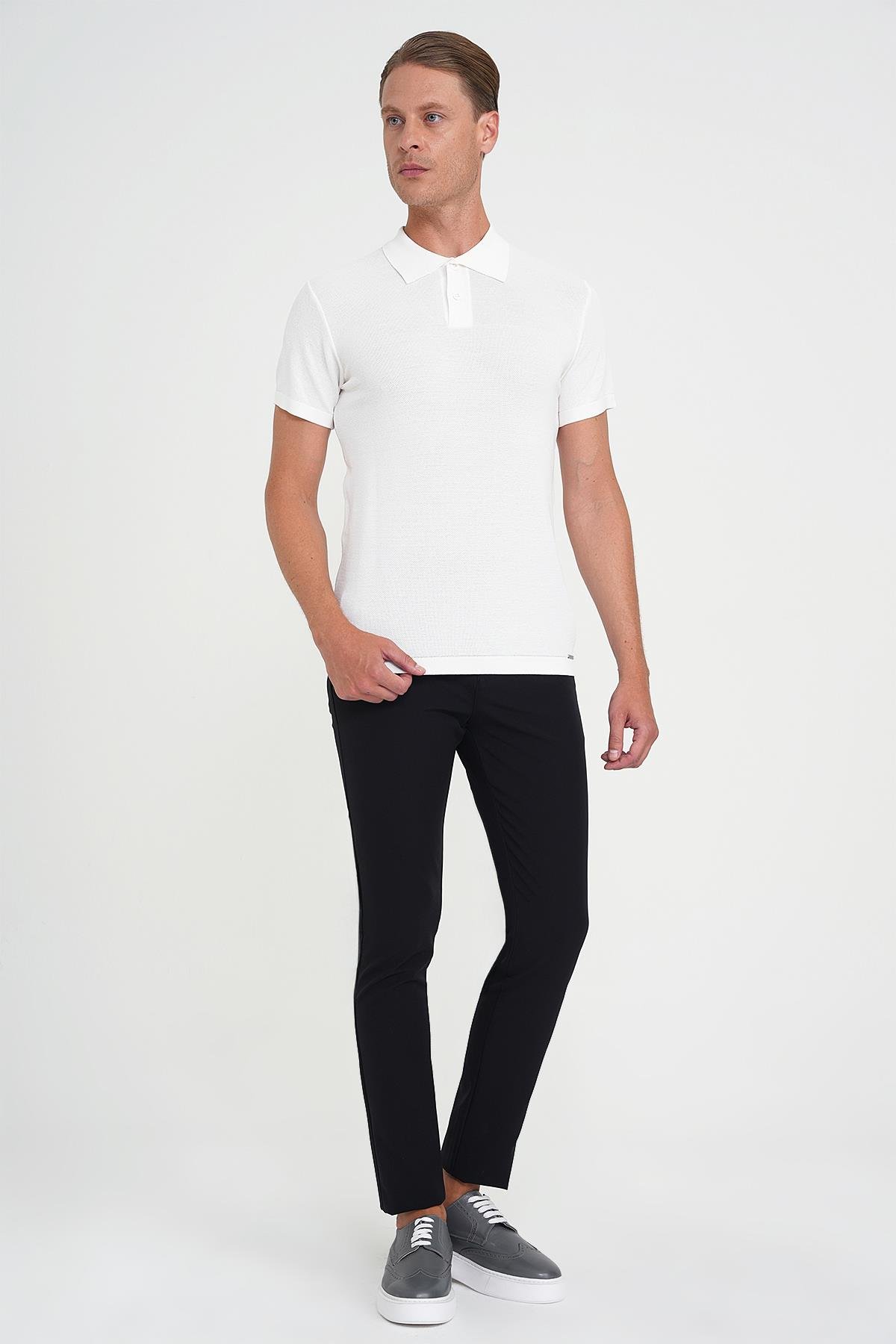 Slim Fit Yan Cepli Esnek Düz Siyah Pamuk Pantolon P 1197