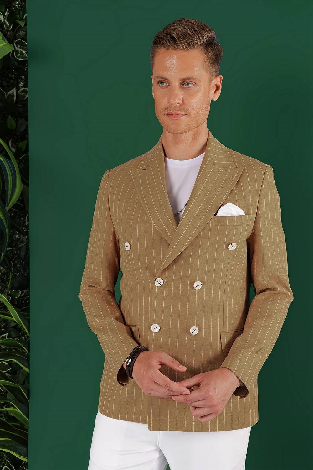 CATORCE ジャケット キャメル Slim Fit Çift Yırtmaç Pamuklu Çizgili Kruvaze Camel Ceket C 644