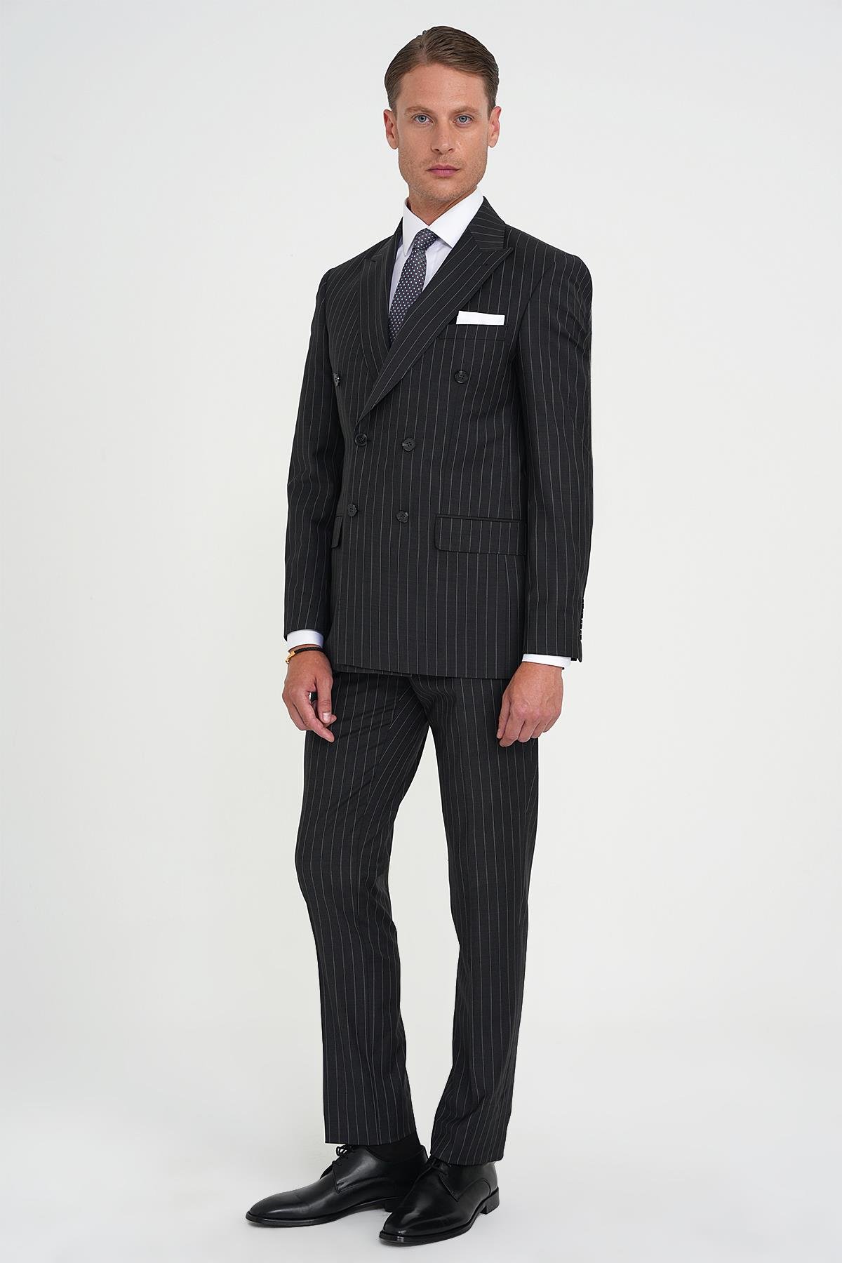 Slim Fit Çift Yırtmaç Çizgili Kruvaze Klasik Antrasit Takım Elbise Tk 925_1