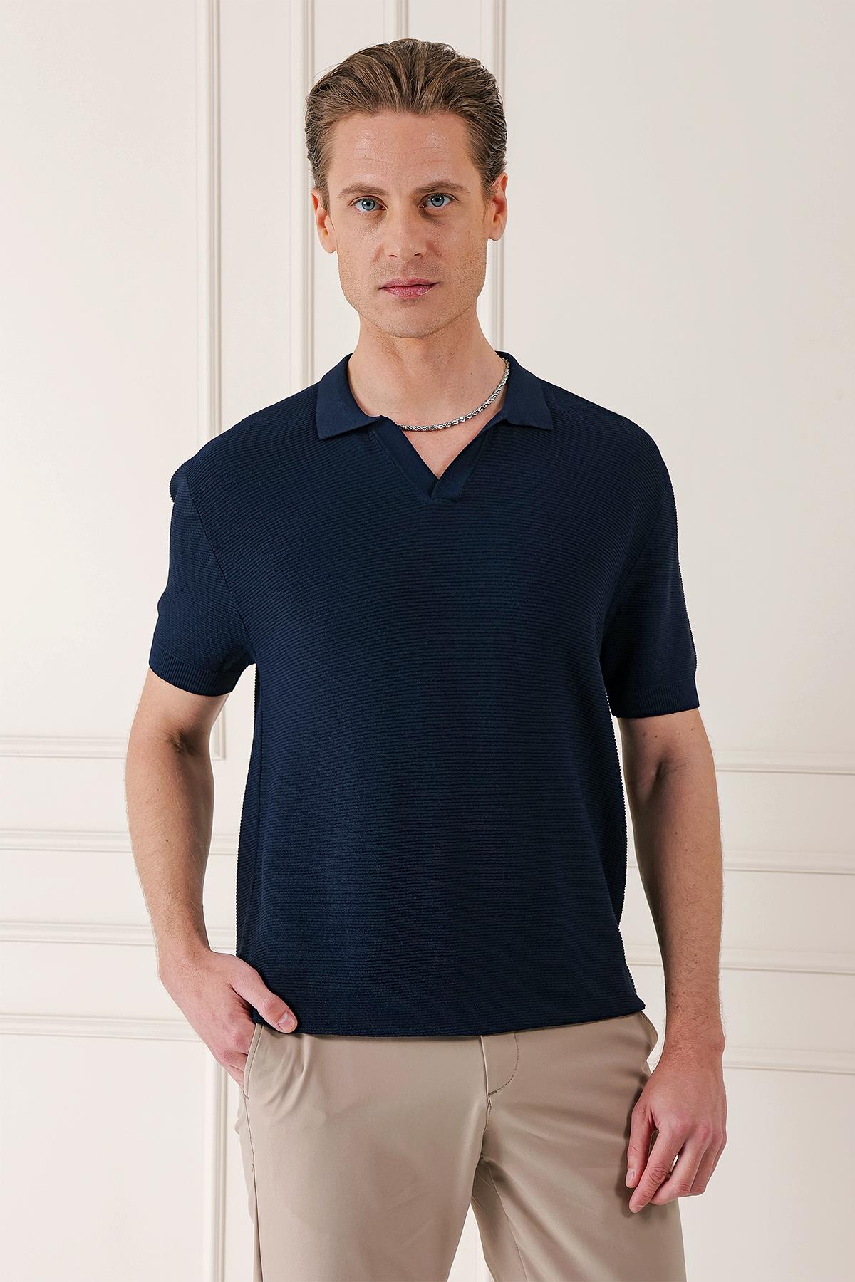 Tr 868 Slim Fit Polo Yaka Kısa Kol %100 Pamuk Lacivert Triko