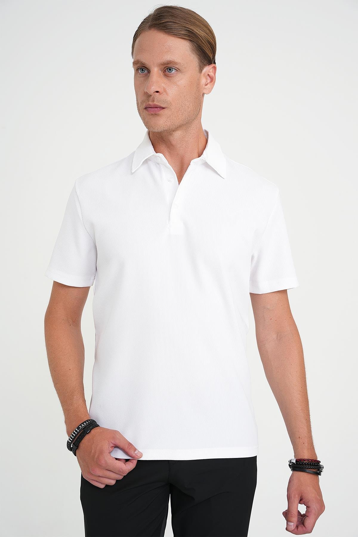Slim Fit Polo Yaka Modal Fitilli Kısa Kol Beyaz Tişört Ts 904_1