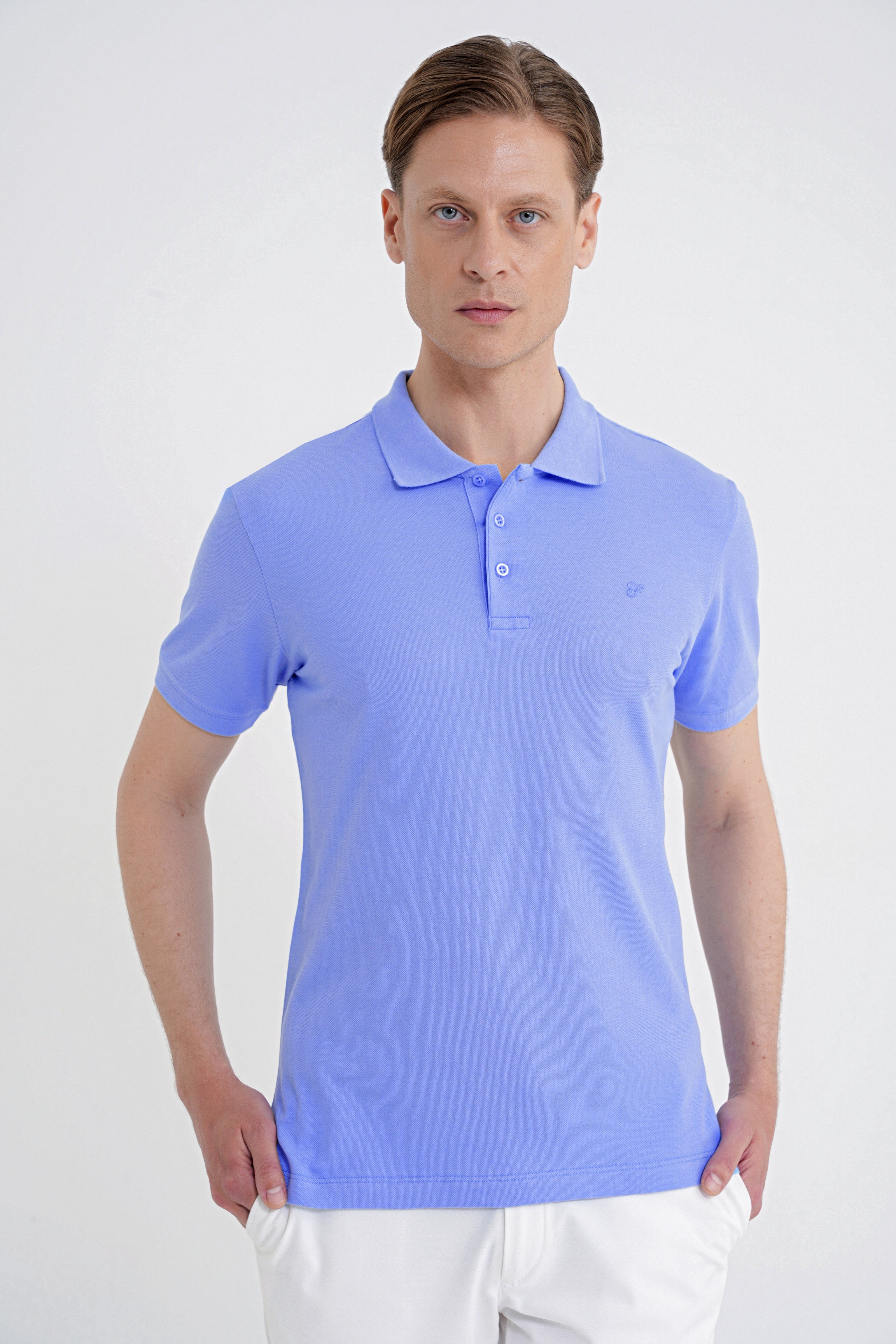 トップス tdk_void polo Comfort Fit Kolu Ribanalı %100 Pamuk Düğmeli Mavi Polo Yaka Tişört