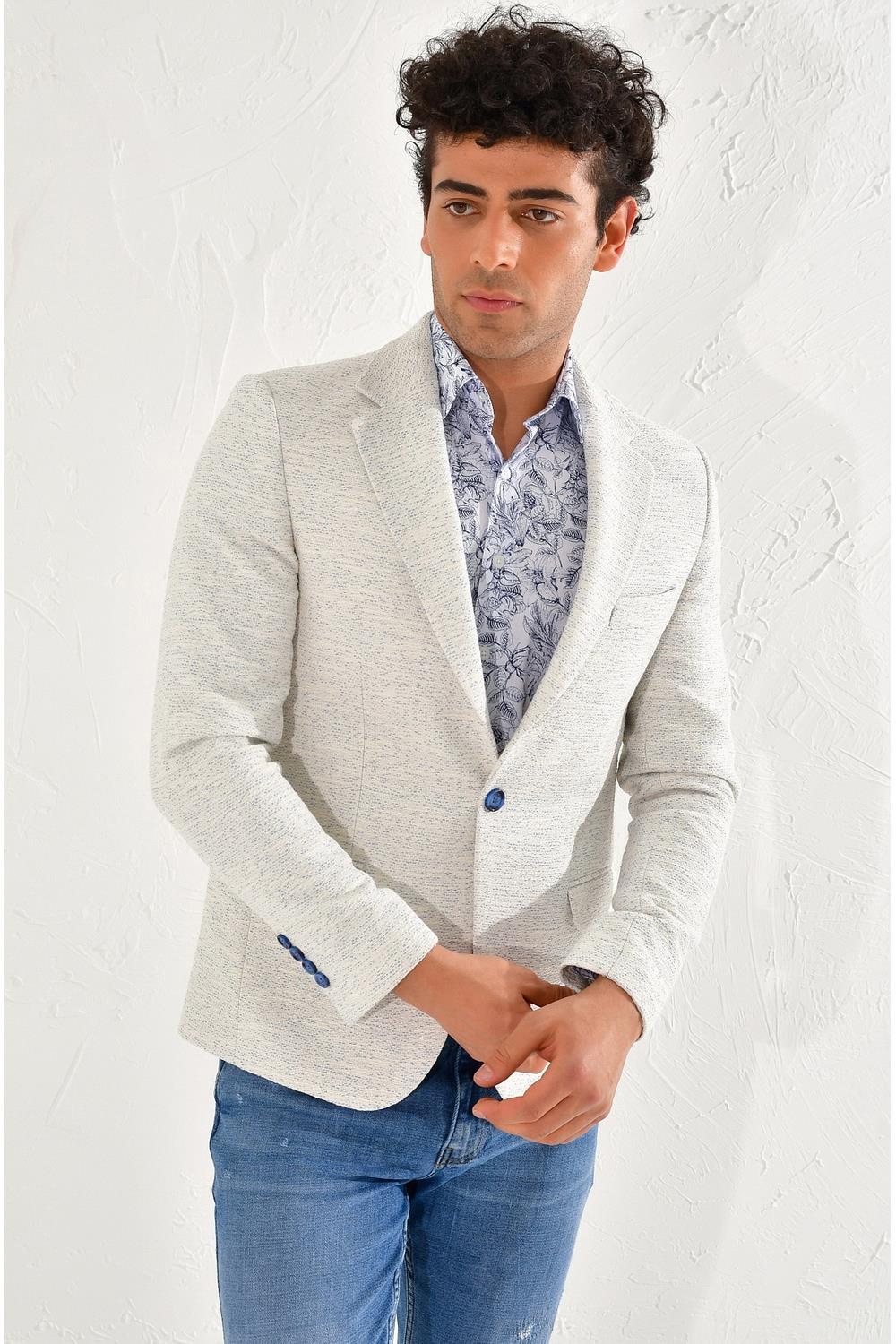 C 561 Slim Fit Beyaz-Mavi Klasik Ceket