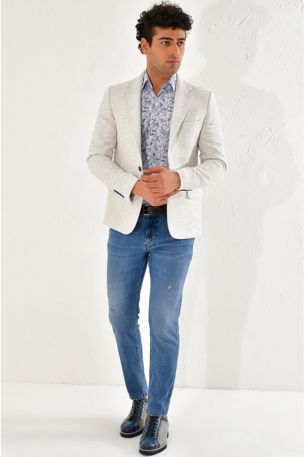 C 561 Slim Fit Beyaz-Mavi Klasik Ceket