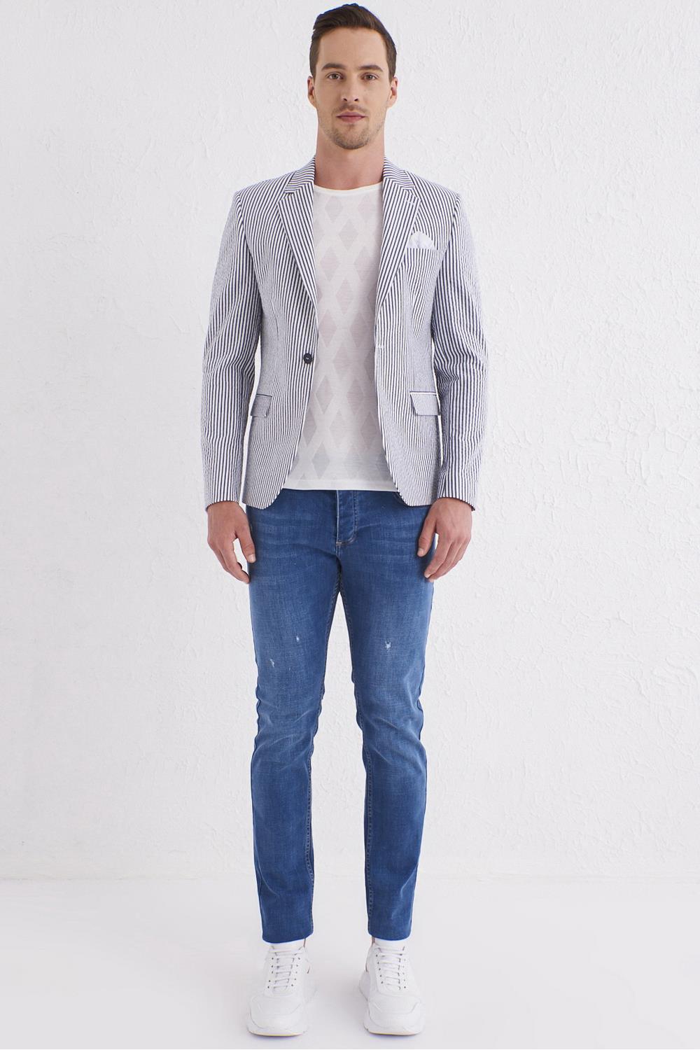 C 566 Slim Fit Lacivert-Beyaz Spor Ceket