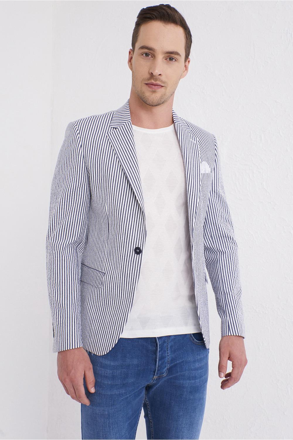C 566 Slim Fit Lacivert-Beyaz Spor Ceket