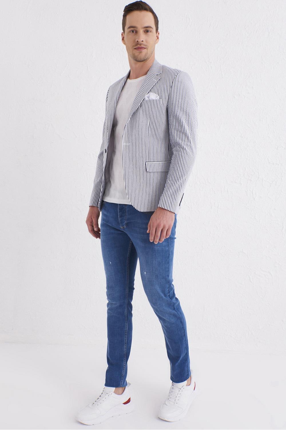 C 566 Slim Fit Lacivert-Beyaz Spor Ceket