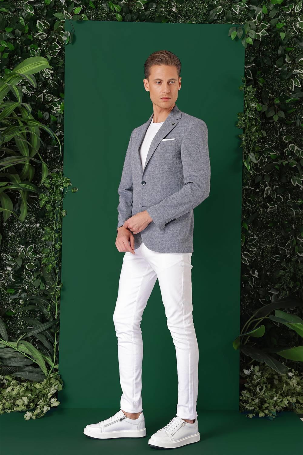 C 665 Comfort Fit Kırçıllı Dokuma Pamuklu Casuel Mavi Ceket