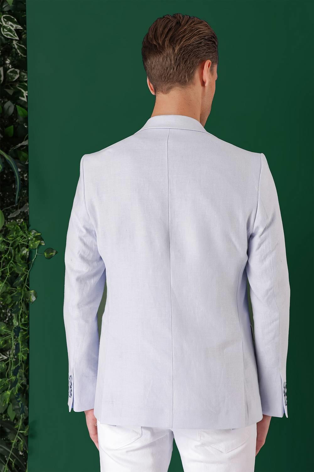 C 668 Comfort Fit Çift Yırtmaç %100 Keten Casuel Mavi Ceket