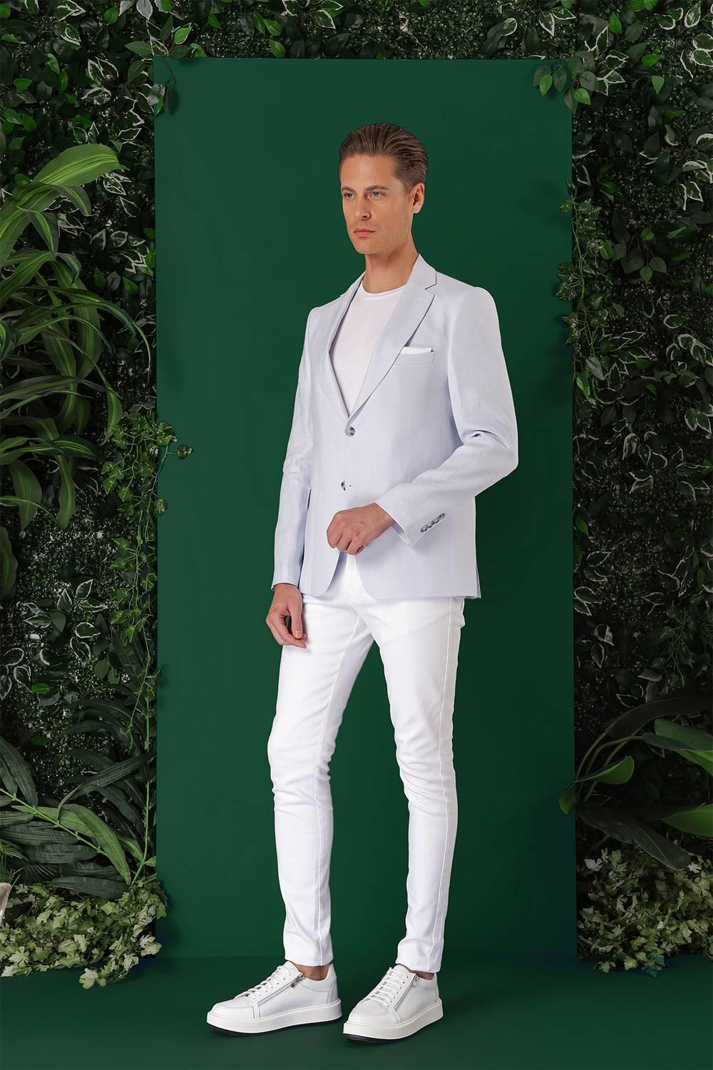 C 668 Comfort Fit Çift Yırtmaç %100 Keten Casuel Mavi Ceket