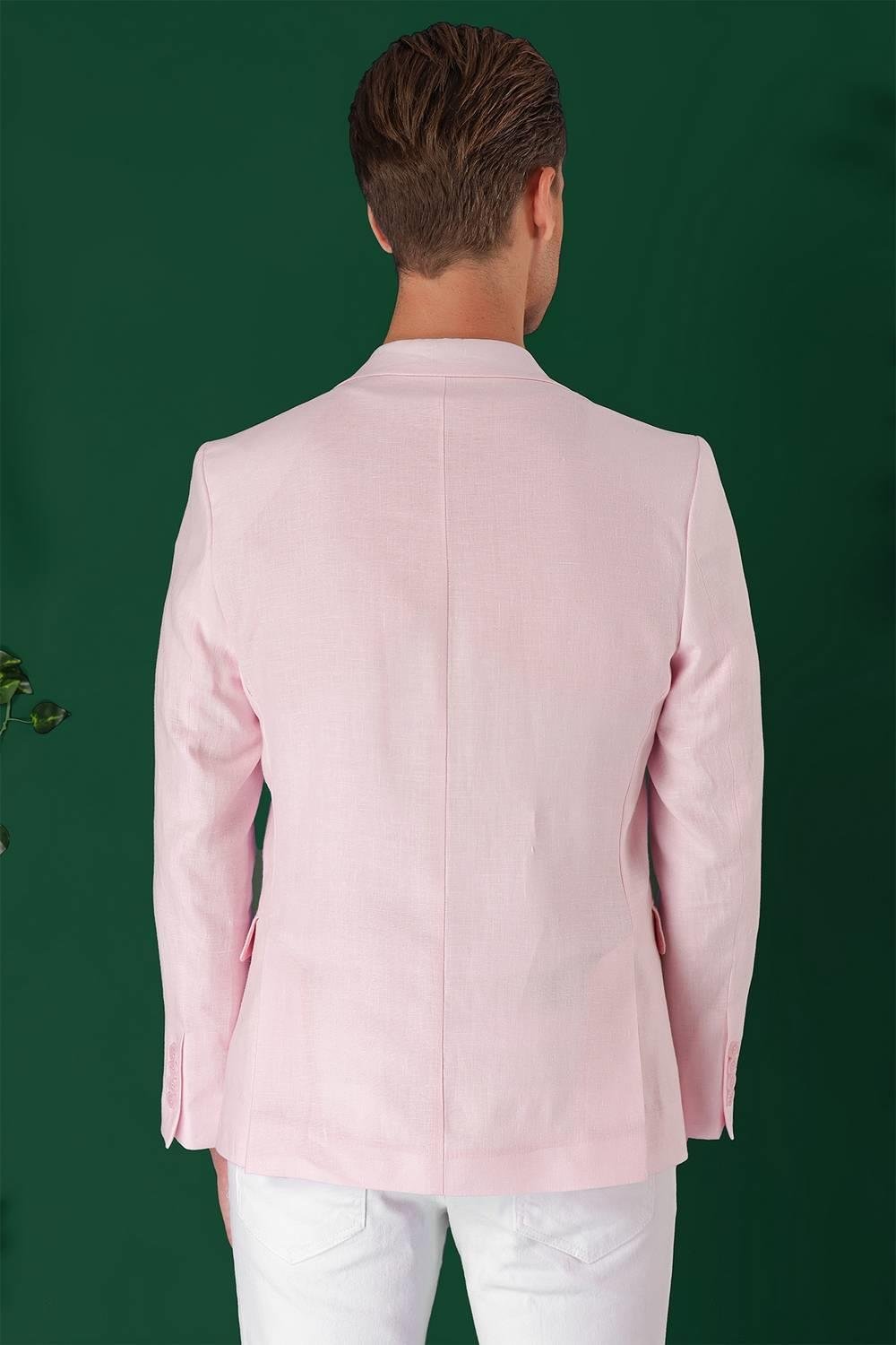 C 668 Comfort Fit Çift Yırtmaç %100 Keten Casuel Pembe Ceket