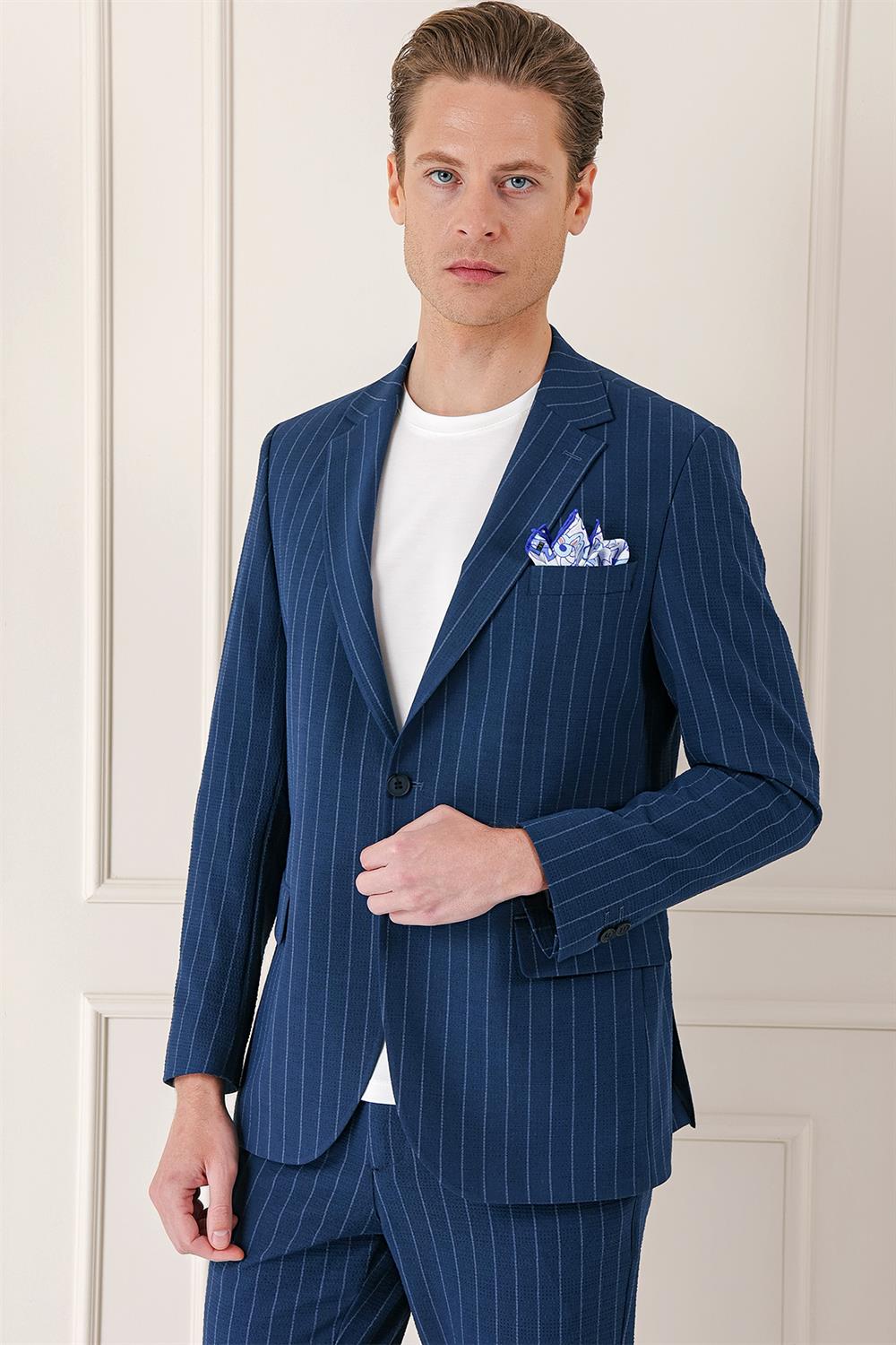 C 674 Comfort Fit Çift Yırtmaç Çizgili Pamuk Casuel Lacivert Ceket