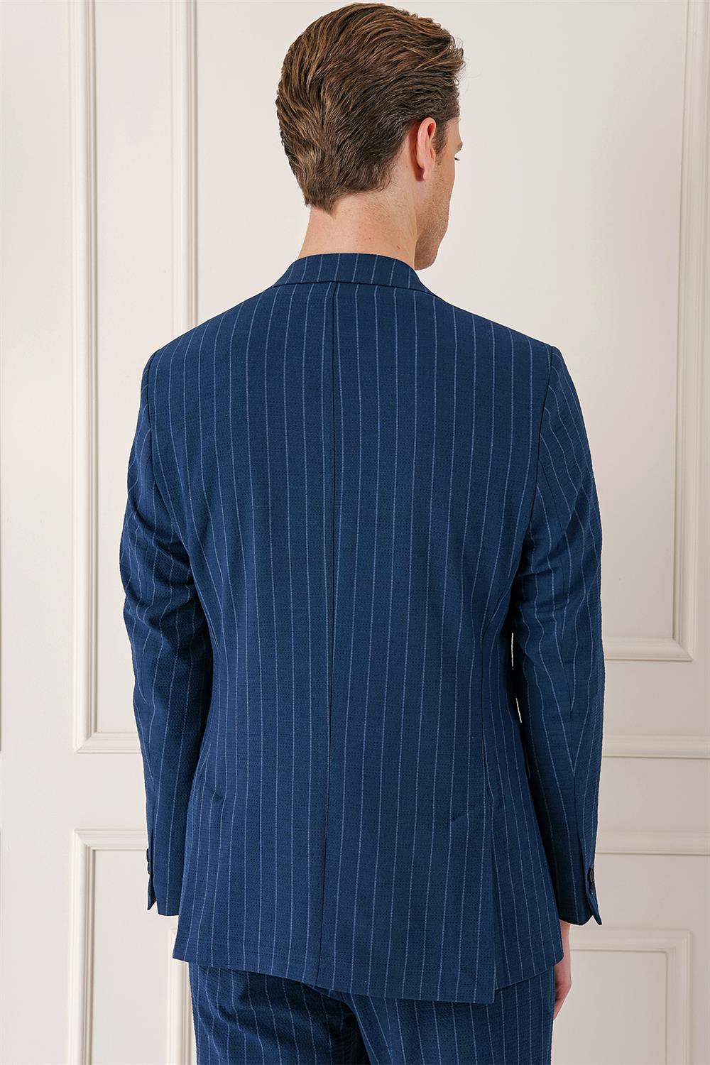 C 674 Comfort Fit Çift Yırtmaç Çizgili Pamuk Casuel Lacivert Ceket