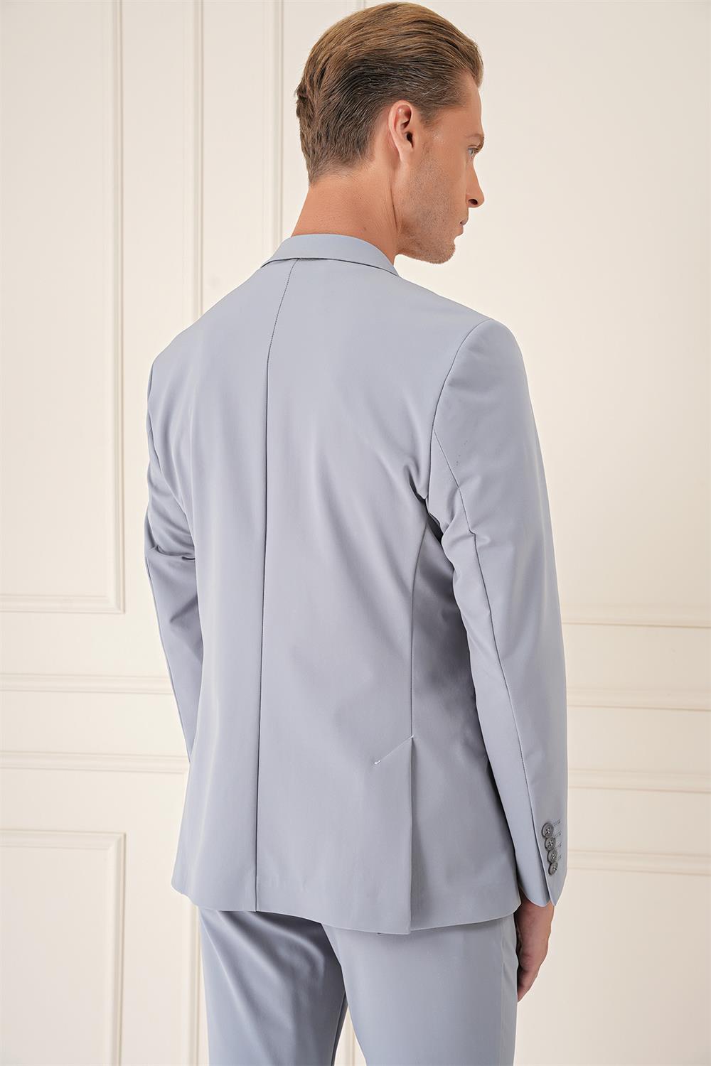 C 675 Comfort Fit Çift Yırtmaç Fleto Cep Esnek Pamuk Casuel Gri Mavi Ceket